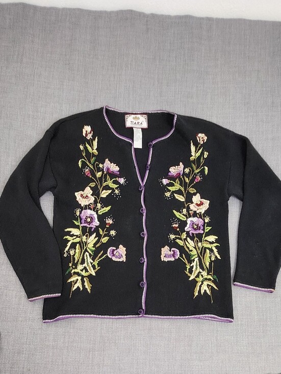 Tiara Sweaters - Tiara International  Black Cardigan Floral Embroidered Design.  Medium